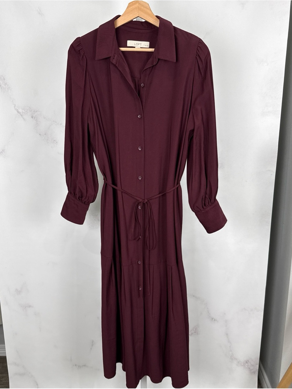 LOFT Women’s Burgandy Solid Button Front Long Sleeve Shirt Dress Size 10P - Picture 2 of 8